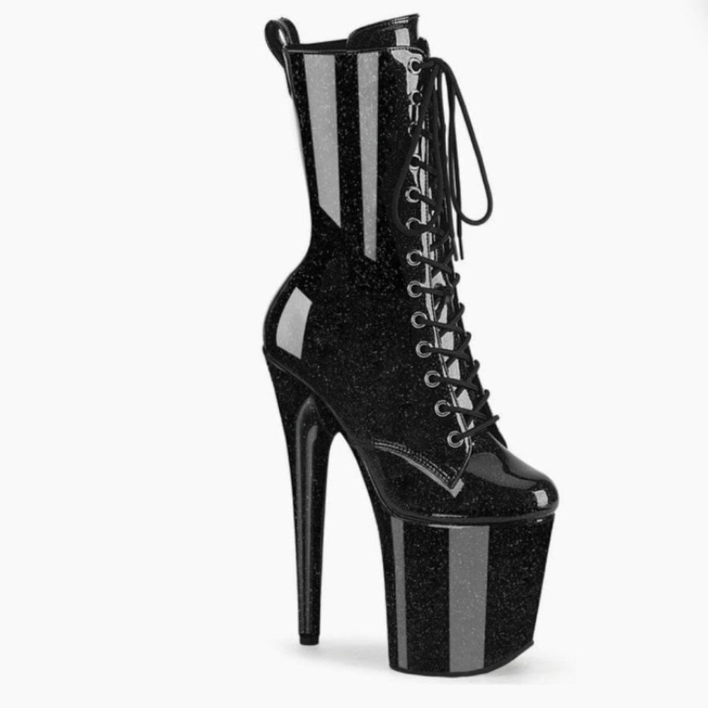 Pleaser black sparkly boots 8in heel